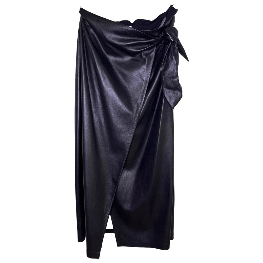 Nanushka XL Black Vegan Leather Wrap Midi Skirt Tie Waist Draped Modern Edgy